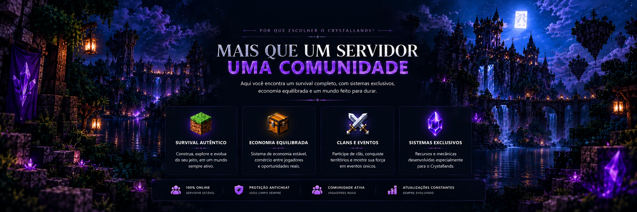 Mais que um servidor, uma comunidade: survival autêntico, economia equilibrada, clans, eventos e sistemas exclusivos.